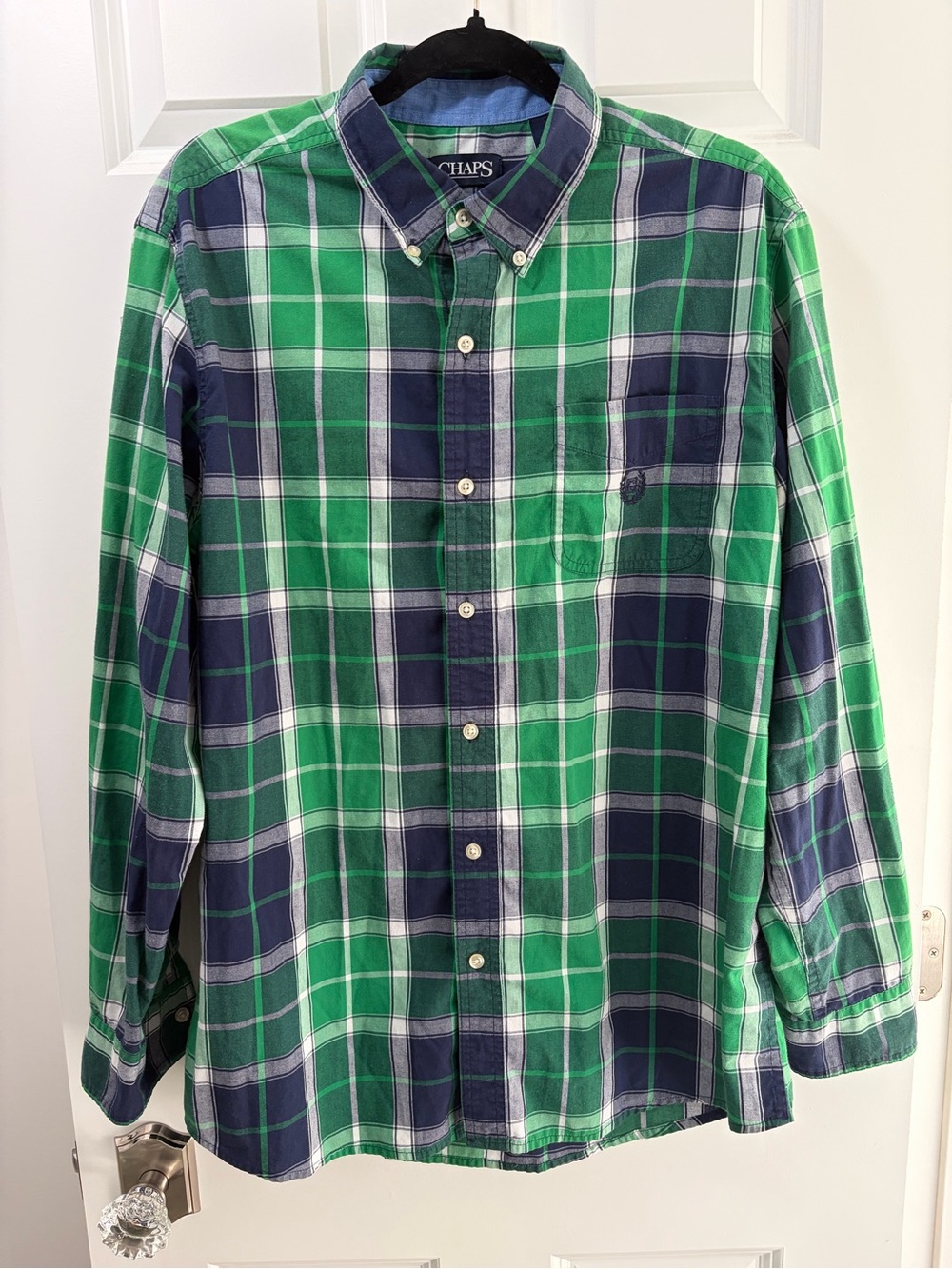 Chaps Green & Navy Plaid Button-Down Shirt Easy Care